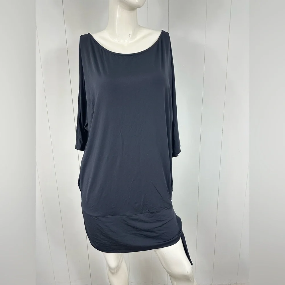 Michael Kors Sz M Black 3/4 Boxy Dolman Sleeve Silky Mini Shirt Dress Side Twist